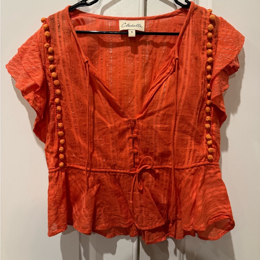 Cleobella Orange Blouse with Ruffled Tie Front and V-Neck
